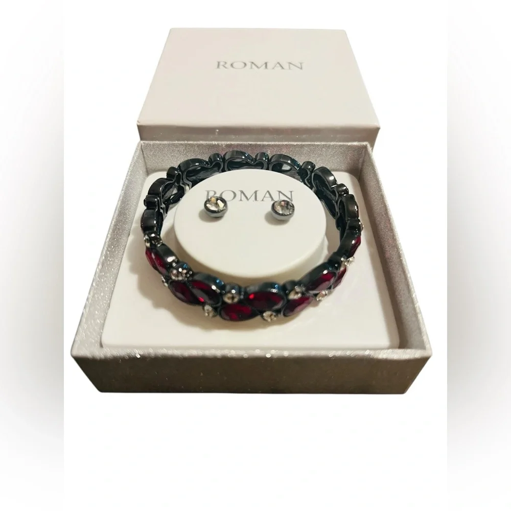 Roman Scarlet Teardrop Crystal Stretch Bracelet with Clear Accents - Picture 5 of 6